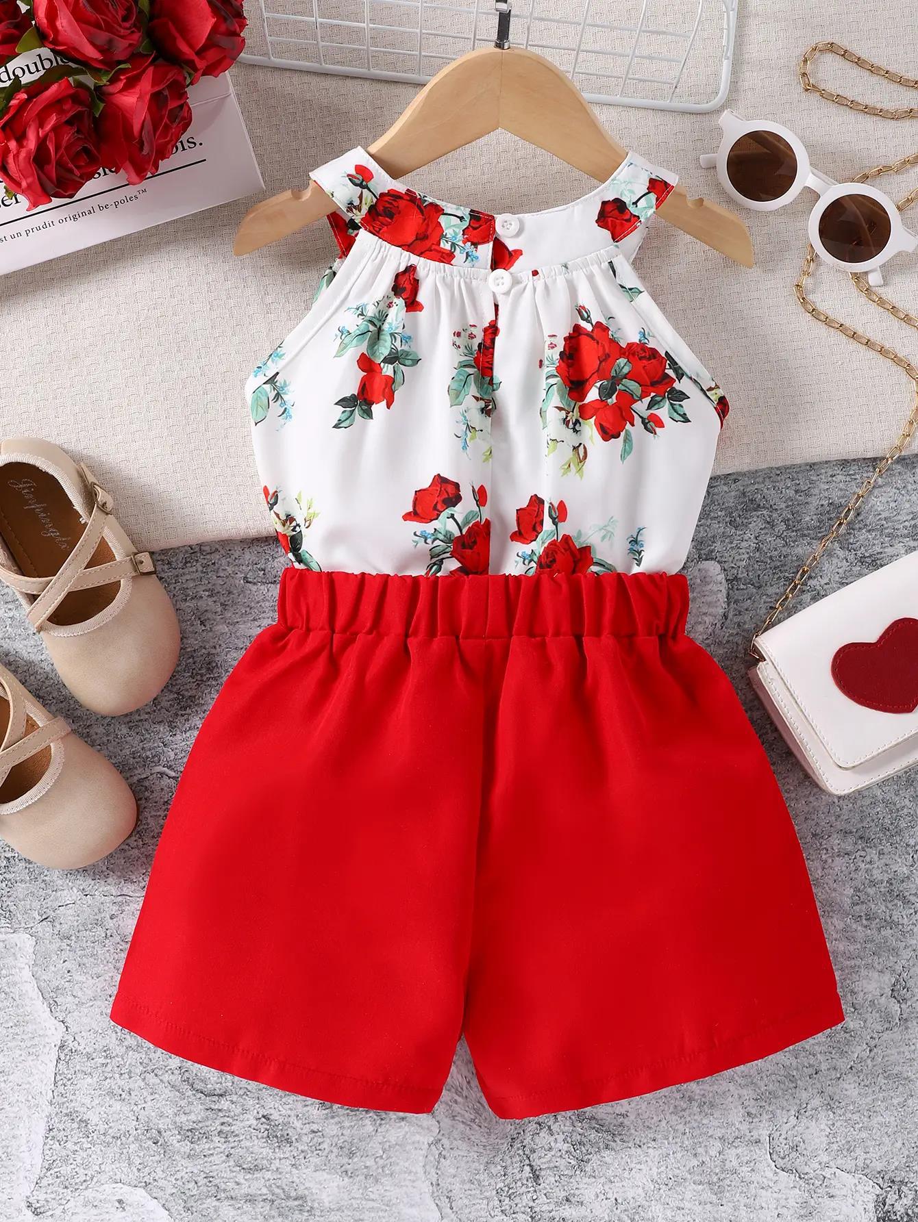 Wholesale Round Neck Rose Print Top + Solid Color Shorts Two-piece Baby Clothes